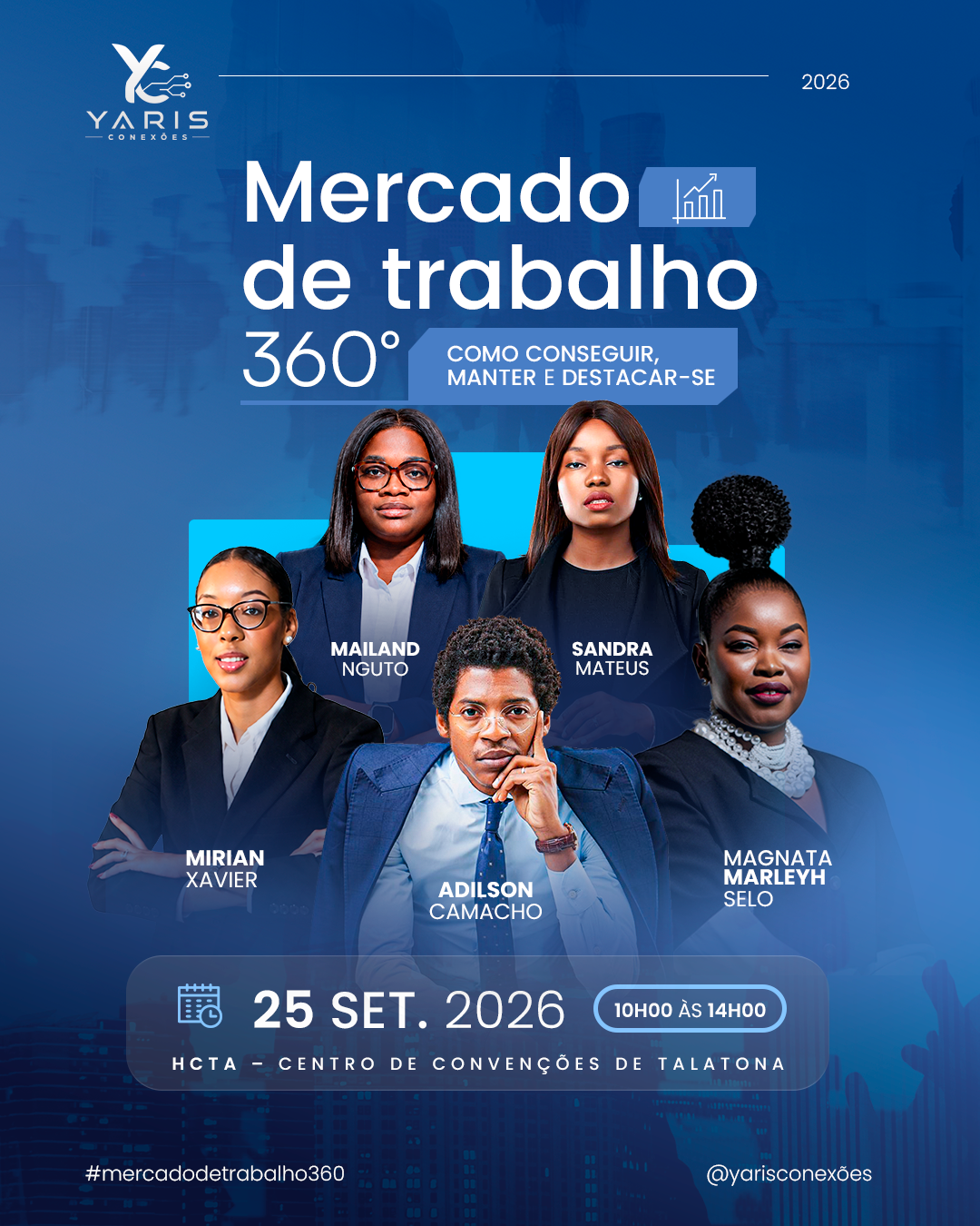 Cartaz oficial do Mercado de Trabalho 360° — oradores, data e local do evento